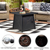 Black propane fire pit table with 50,000 BTU burner, removable lid, and ceramic tabletop for outdoor gatherings.