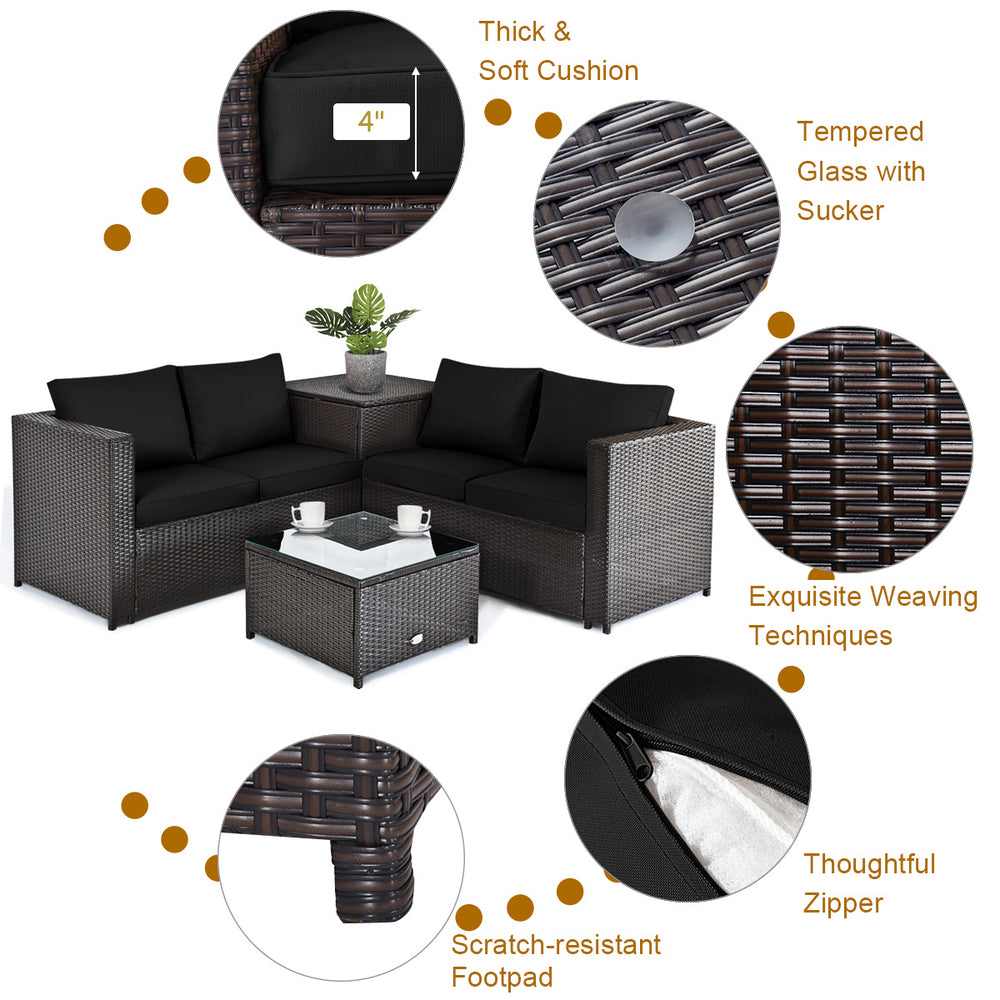 5-piece patio furniture set featuring black cushions, PE wicker, and a propane fire pit table for outdoor gatherings.