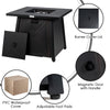 Close-up of the propane fire pit table with burner cover lid, featuring a waterproof cover and adjustable foot pads.
