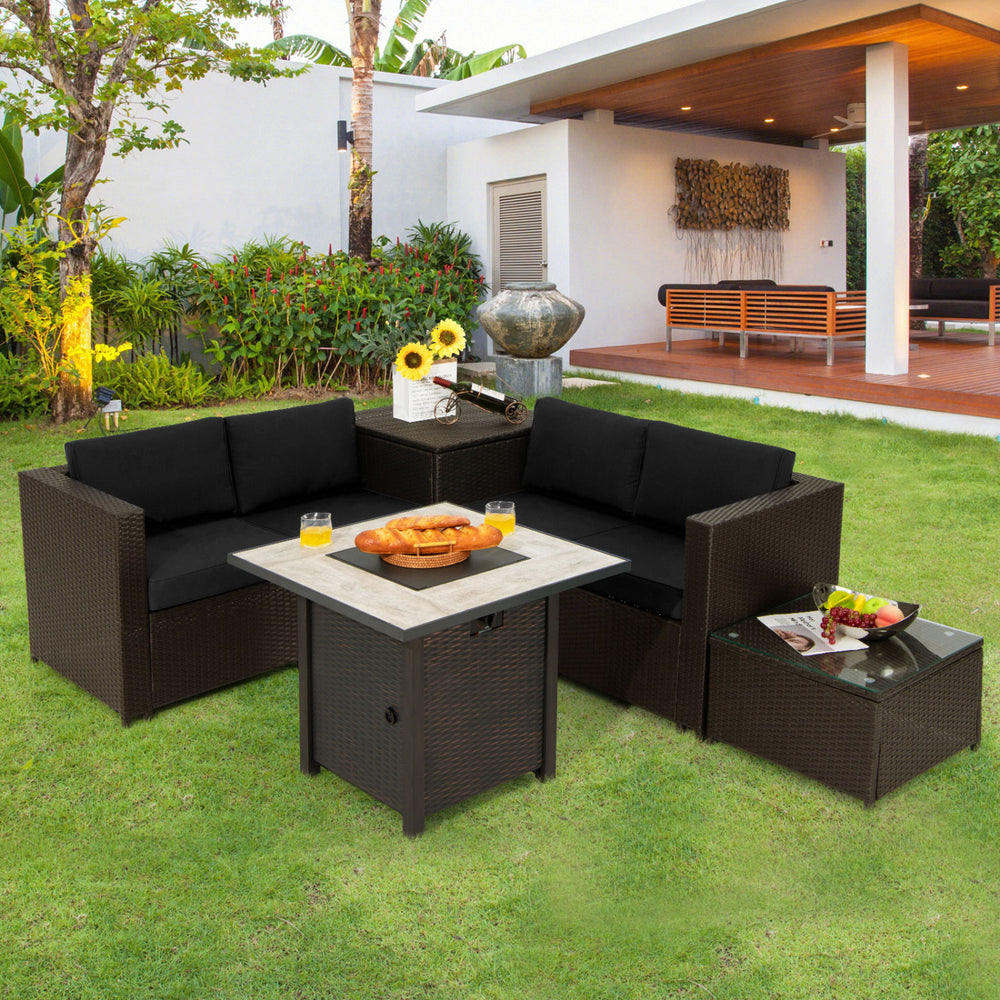5-piece patio furniture set featuring black PE wicker loveseats and a gas fire pit table for outdoor relaxation.