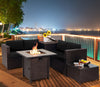 5-piece patio furniture set featuring a gas fire pit table, black PE wicker sofa, and storage box for outdoor warmth.