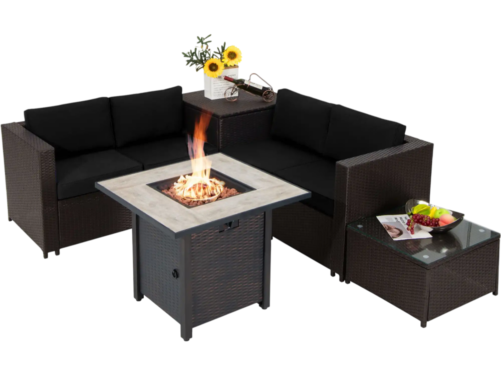 Black PE wicker coffee table with tempered glass top, enhancing the 5-piece patio furniture set for stylish outdoor use.