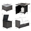 5-piece patio furniture set featuring a gas fire pit table, storage box, and loveseats in black PE wicker for outdoor.