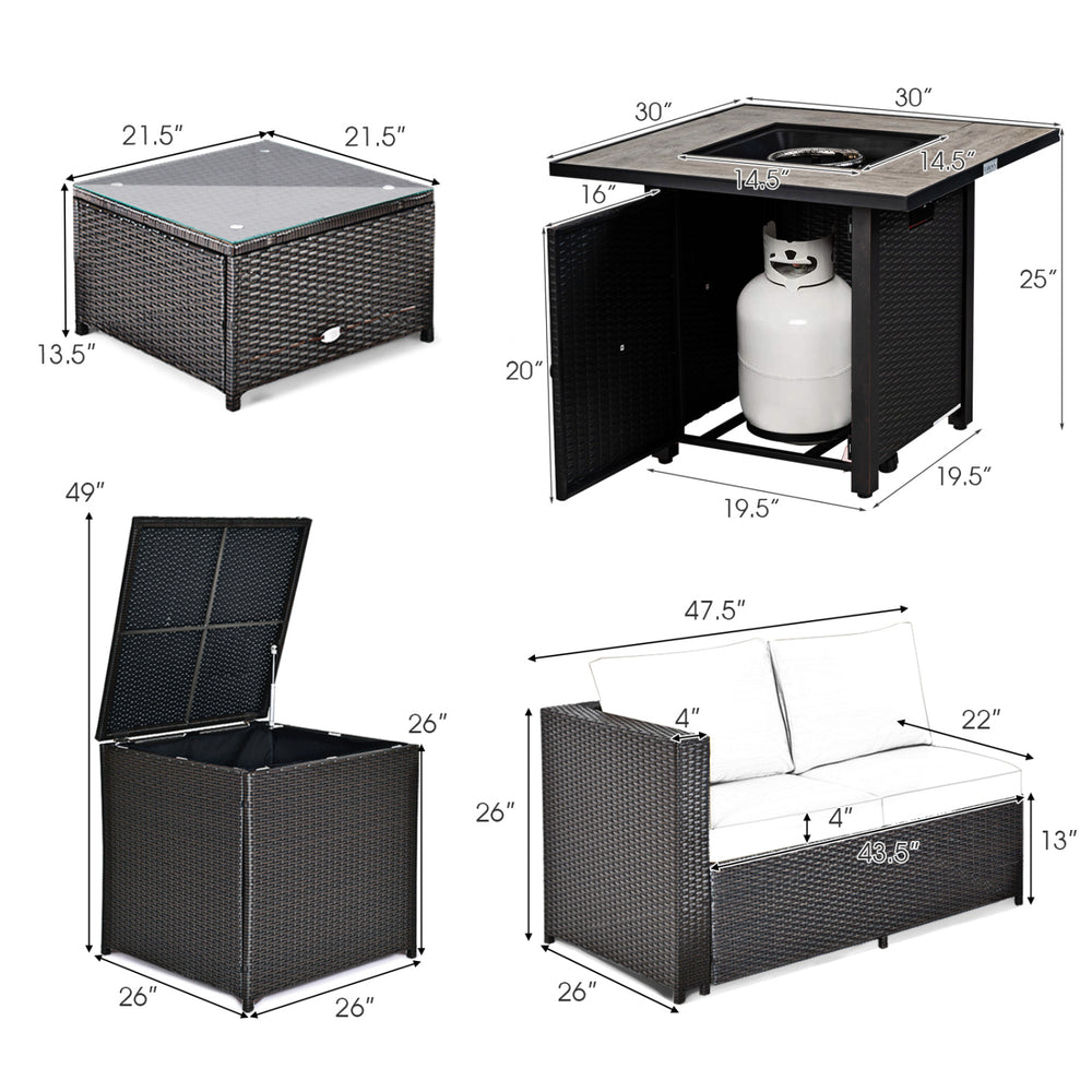 5-piece patio furniture set featuring a gas fire pit table, storage box, and loveseats in black PE wicker for outdoor.