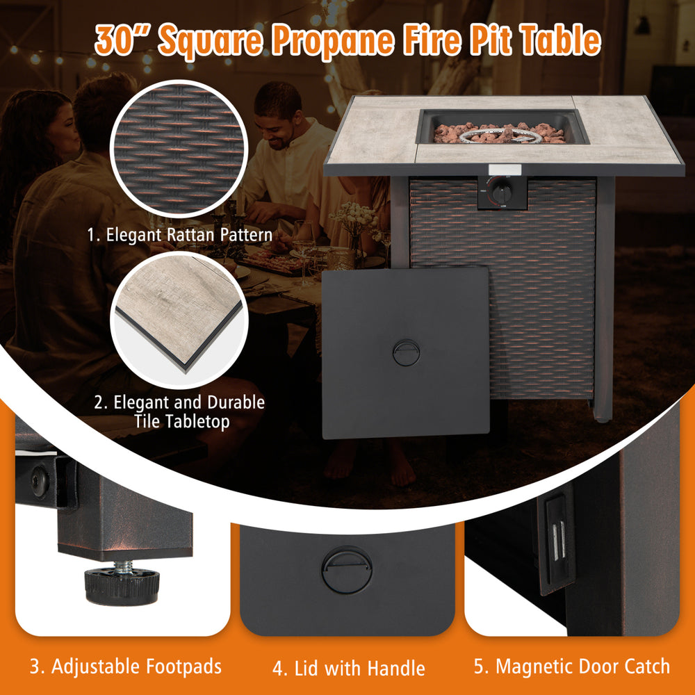 30-inch square propane fire pit table with ceramic top and elegant rattan pattern, perfect for outdoor gatherings.