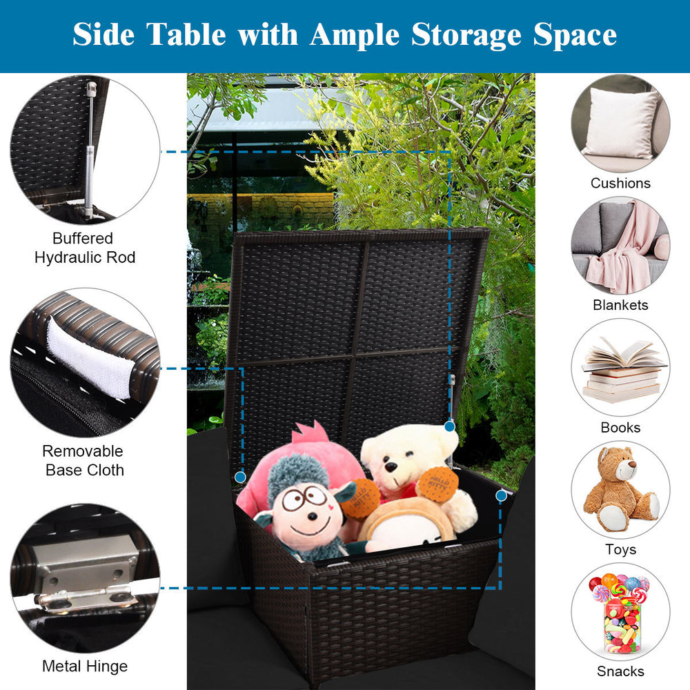 Storage box with ample space, featuring a removable base cloth and hydraulic rod, for the 5-piece patio furniture set.