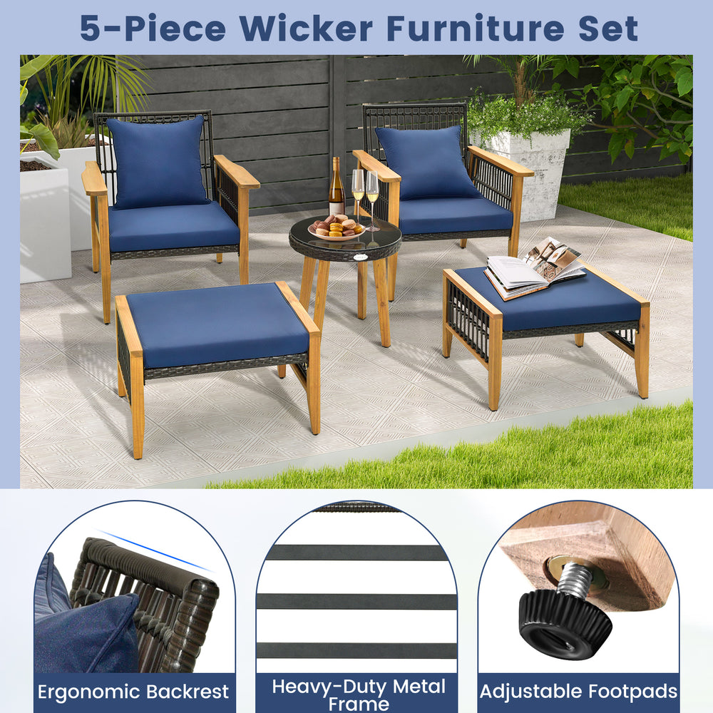5-piece patio furniture set featuring navy cushions, acacia wood frame, and adjustable footpads for outdoor relaxation.