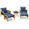 Two navy blue lounge chairs with ottomans and a coffee table, featuring acacia wood and PE rattan for outdoor.