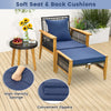 Navy lounge chair with soft cushions, acacia wood frame, and convenient zippers, perfect for outdoor relaxation.