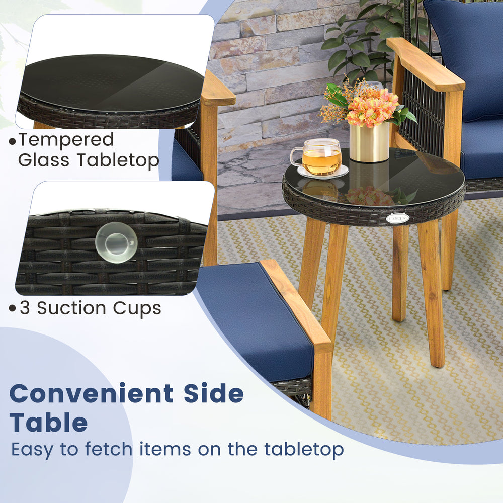 Tempered glass tabletop side table with 3 suction cups, part of a 5-piece patio furniture set for outdoor use.