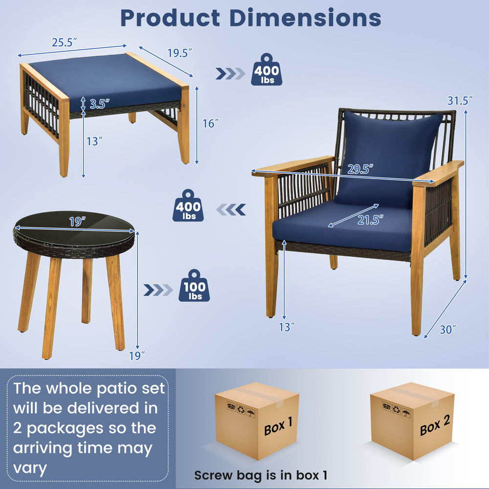 Dimensions of the 5 Piece Patio Furniture Set with acacia wood, navy cushions, and coffee table for outdoor use.