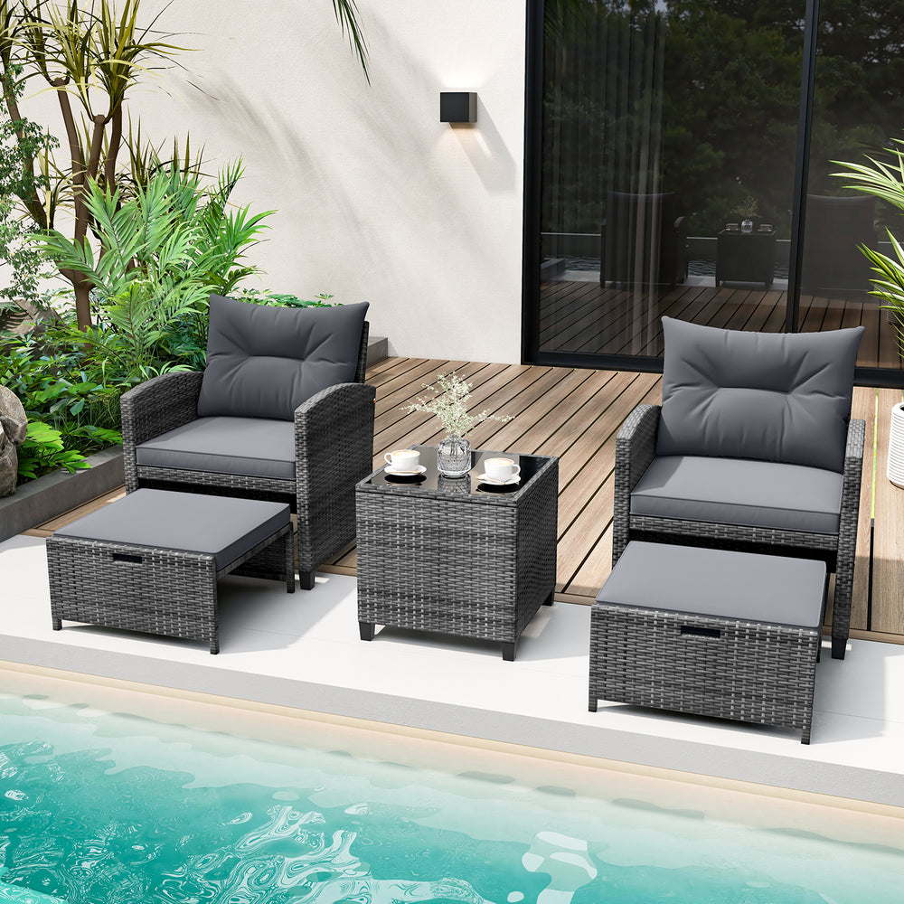 5 Piece Patio Rattan Furniture with 2 Ottomans and Tempered Glass Coffee Table-Gray - Gallery View 1 of 10