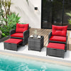 5 Piece Patio Rattan Furniture with 2 Ottomans and Tempered Glass Coffee Table-Red - Gallery View 1 of 10