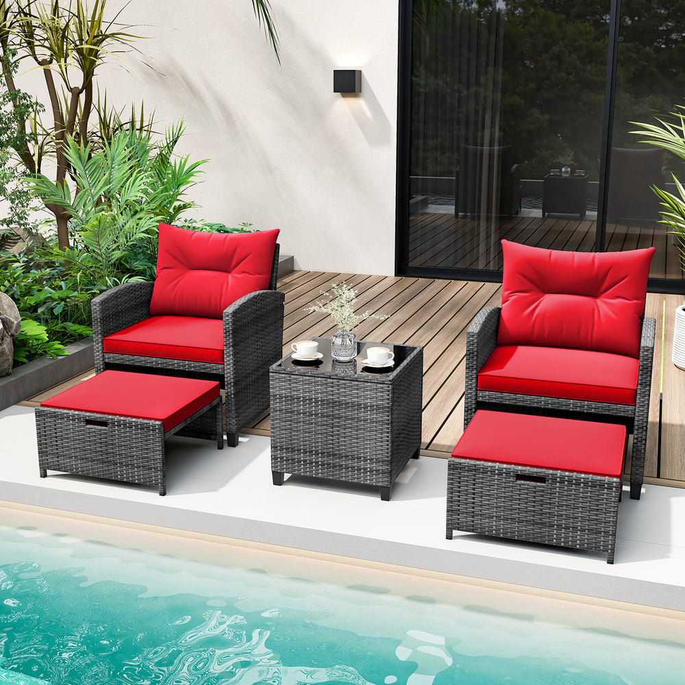 5 Piece Patio Rattan Furniture with 2 Ottomans and Tempered Glass Coffee Table-Red - Gallery View 1 of 10