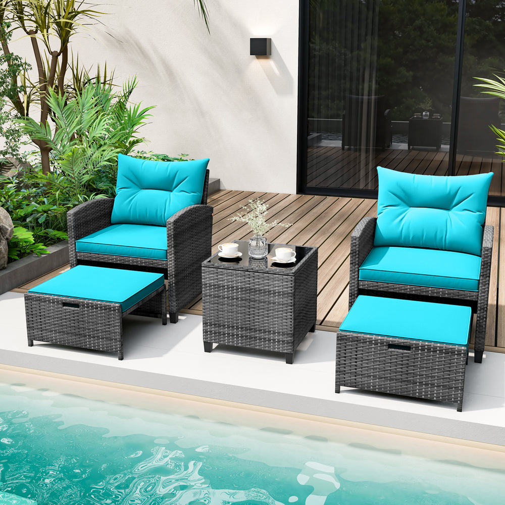 5 Piece Patio Rattan Furniture with 2 Ottomans and Tempered Glass Coffee Table-Turquoise - Gallery View 1 of 10