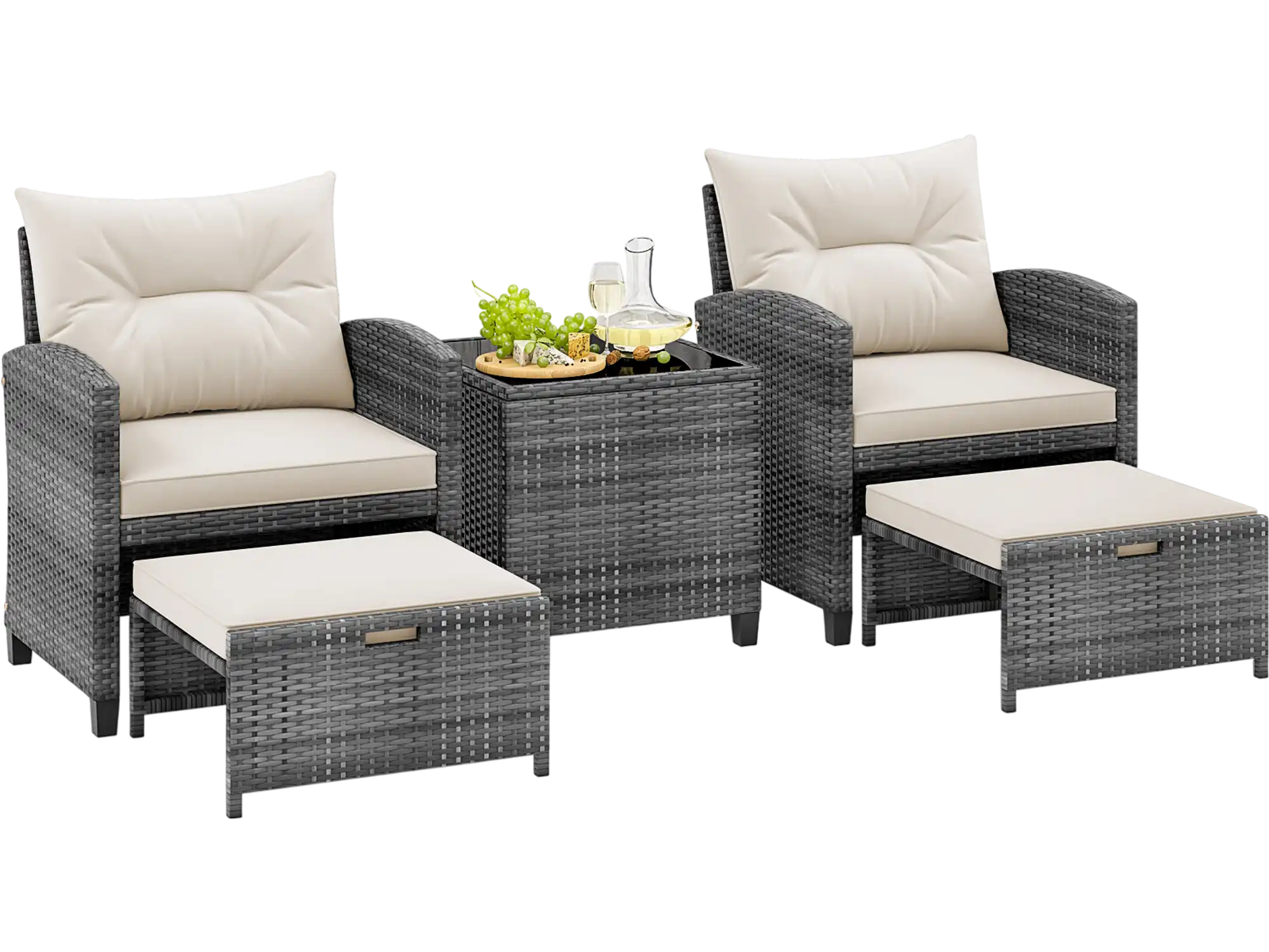 Costway 5-Piece Patio Rattan Furniture Set w/ 2 Ottomans Tempered Glass Coffee Table 52694178 New