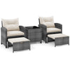 5-piece patio rattan furniture set with 2 ottomans and tempered glass coffee table, featuring gray rattan and soft.
