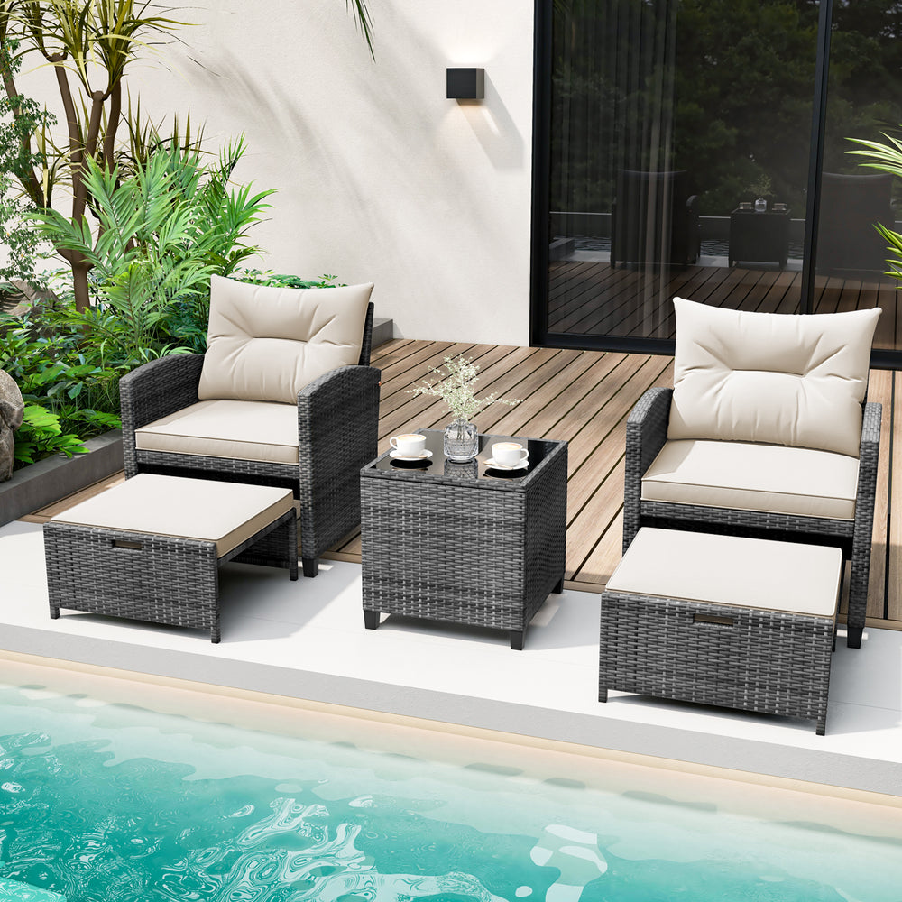 5-piece patio rattan furniture set with gray rattan, soft cushions, and tempered glass coffee table, perfect for.