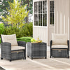 Two gray rattan chairs with cream cushions and a square coffee table, ideal for outdoor patio relaxation.