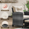 Close-up of the gray rattan chair with soft cushions and functional zippers, perfect for outdoor patio relaxation.