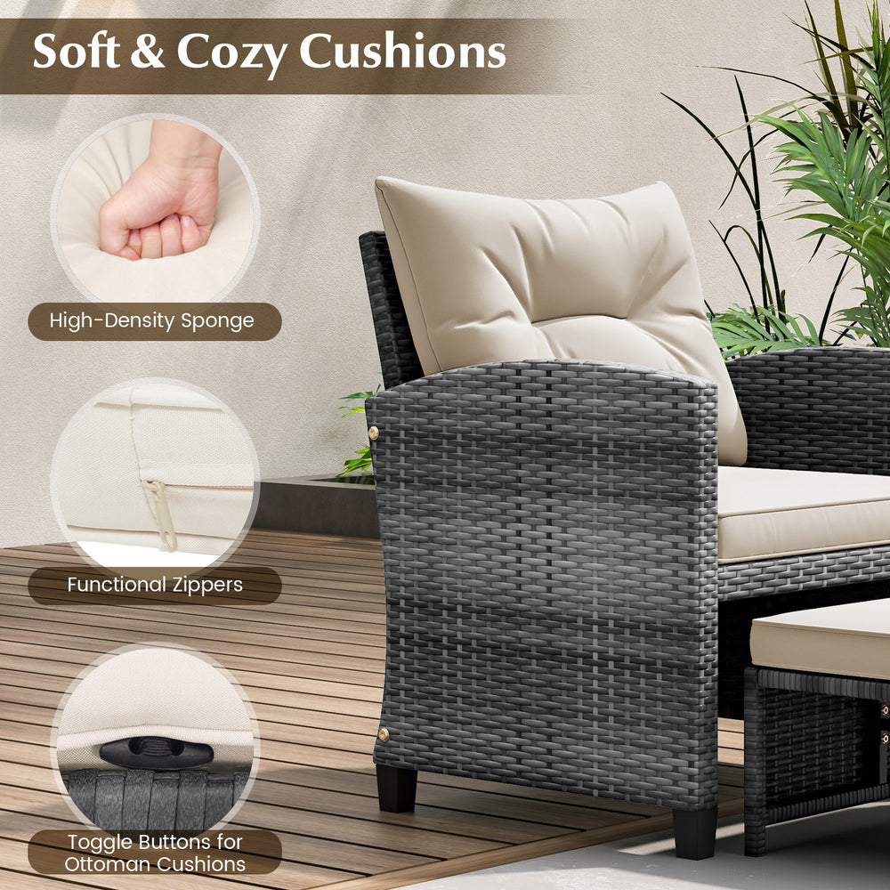 Close-up of the gray rattan chair with soft cushions and functional zippers, perfect for outdoor patio relaxation.