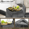 Square coffee table with tempered glass top and rattan design, perfect for drinks and snacks in outdoor settings.
