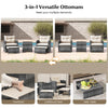 Versatile 3-in-1 ottomans in gray rattan serve as footstools, additional seats, or side tables for outdoor relaxation.