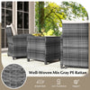 Well-woven mix gray PE rattan patio furniture set with ottomans and tempered glass coffee table for outdoor relaxation.