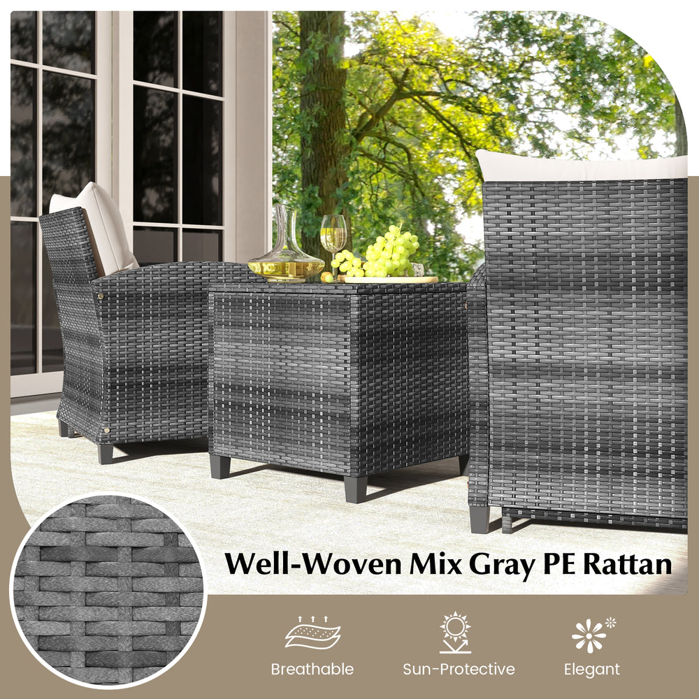 Well-woven mix gray PE rattan patio furniture set with ottomans and tempered glass coffee table for outdoor relaxation.