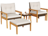 Two acacia wood chairs with soft cushions and a square coffee table, perfect for backyard relaxation.