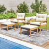5-piece rattan furniture set featuring acacia wood chairs and ottomans with soft cushions, ideal for poolside.