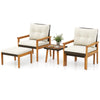 Two cushioned chairs and an ottoman from a 5-piece rattan furniture set with a square coffee table for outdoor.