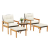 5-piece rattan furniture set featuring acacia wood chairs and ottomans with soft cushions, perfect for backyard.