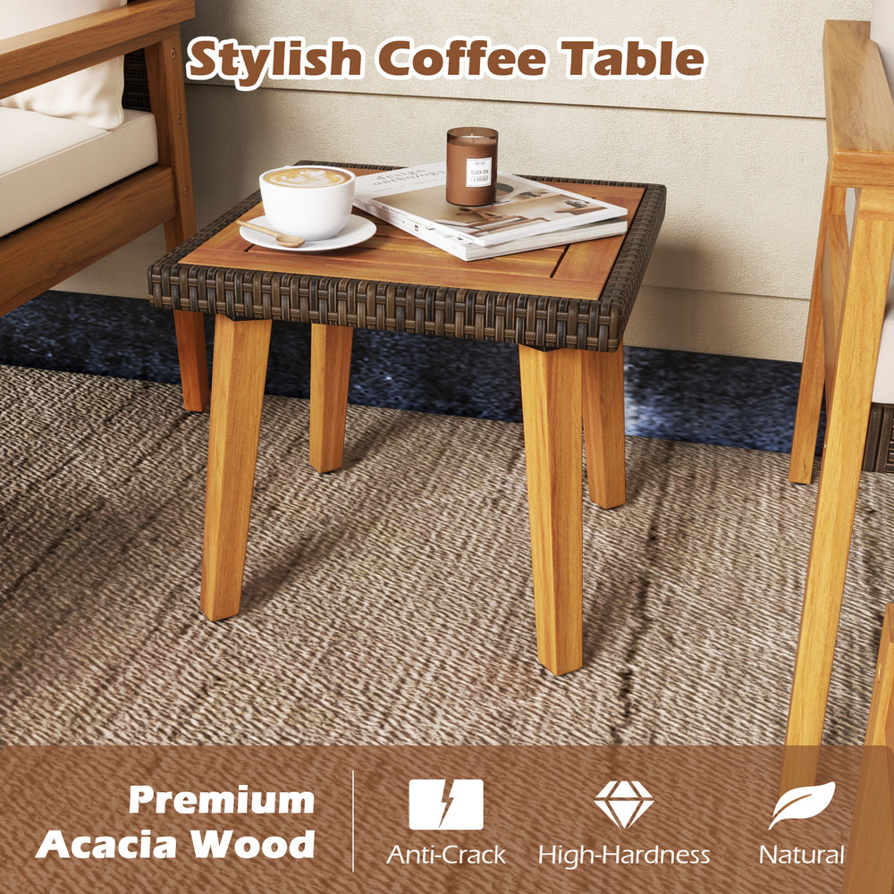 Square coffee table made of premium acacia wood and PE rattan, perfect for backyard or poolside relaxation.