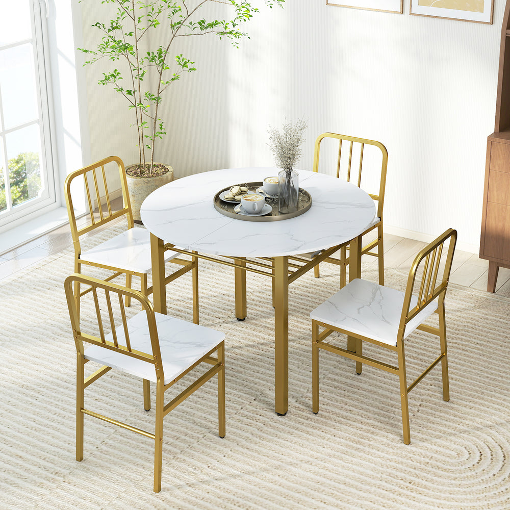 Round dining table set with four chairs, featuring a white marble top and gold metal frame, ideal for dining rooms.