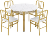 Round dining table set with four chairs, white marble top, gold metal frame, and lower storage shelf for dining rooms.