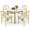 Round dining table set with four chairs, white marble top and gold metal frame, includes lower storage shelf for dining.