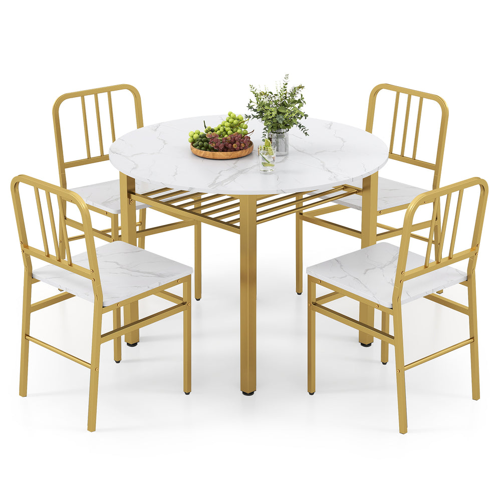 Round dining table set with four chairs, white marble top and gold metal frame, includes lower storage shelf for dining.