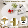 40" round dining table for 4 with a white finish, sturdy metal frame, and lower storage shelf for dining room use.