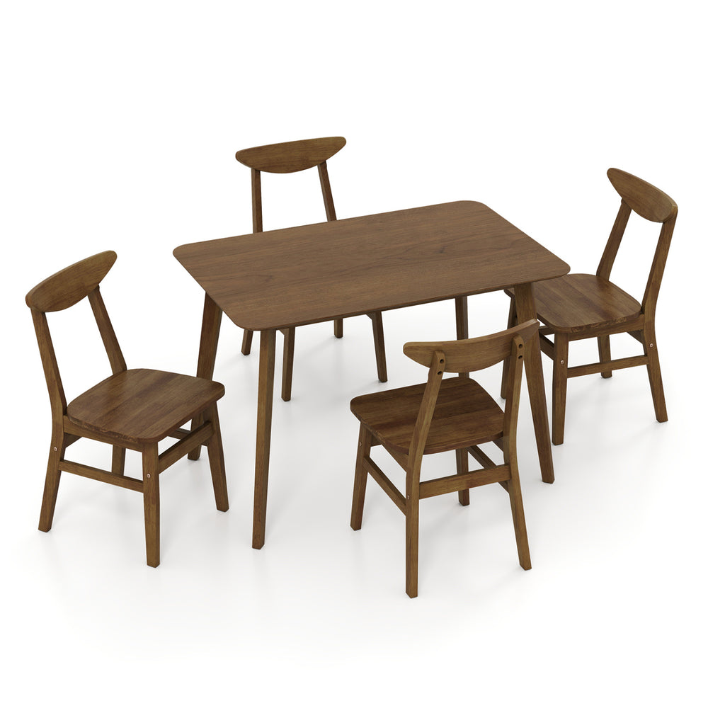 5-piece solid wood dining table set in walnut finish, featuring a rectangular table and four matching chairs.