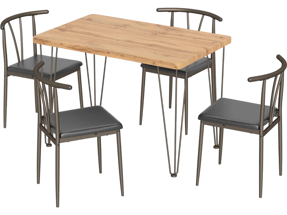 Rectangular dining table set with wood-like veneer and four armless chairs, perfect for space-saving kitchen use.