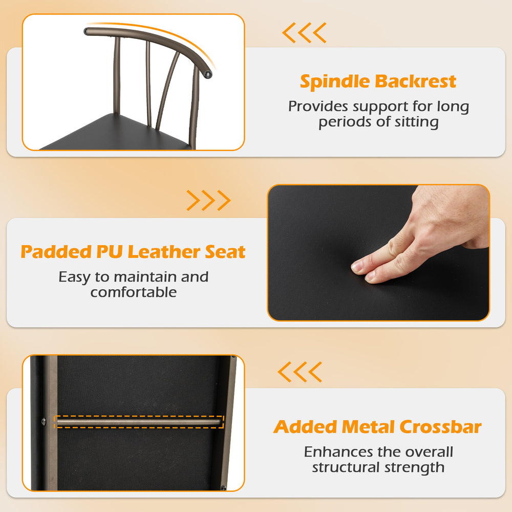 Close-up of the padded PU leather seat on a chair from the 5-piece black dining table set, offering comfort and easy.