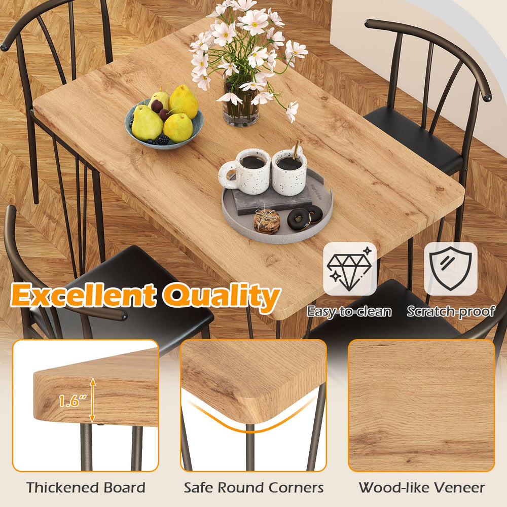 Rectangular dining table with wood-like veneer, thickened board, and four armless chairs for space-saving kitchen use.