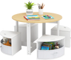 Round toddler nesting table with four storage stools, featuring child-safe materials and built-in storage for.