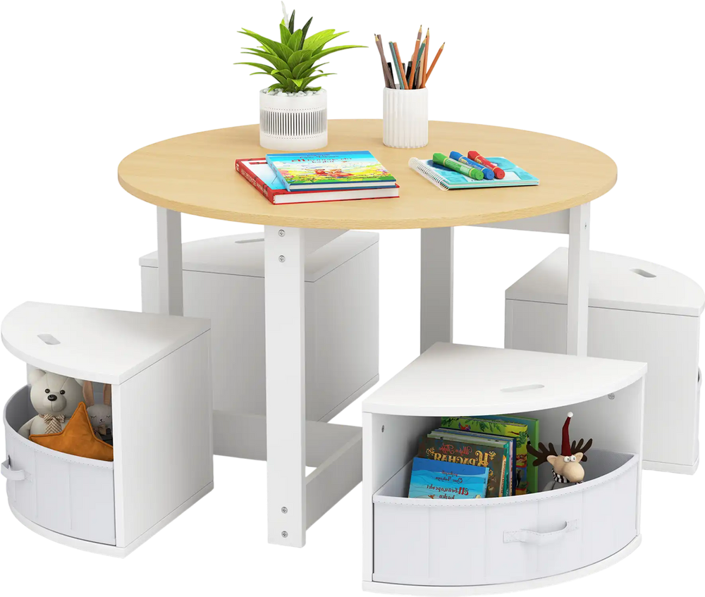 Round toddler nesting table with four storage stools, featuring child-safe materials and built-in storage for.