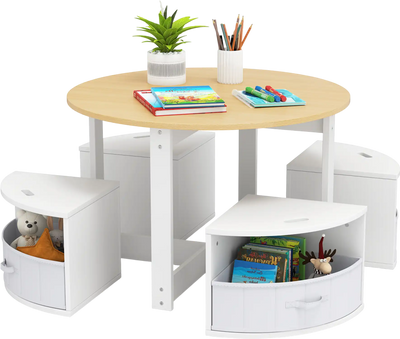 Costway 5 Piece Toddler Round Nesting Activity Table w/ 4 Storage Stools 543892617 New