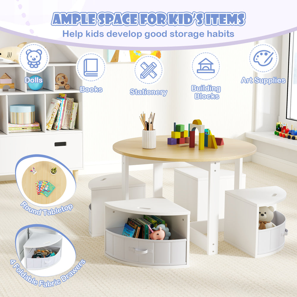 Round toddler nesting table with four storage stools, featuring built-in storage and child-safe materials for various.