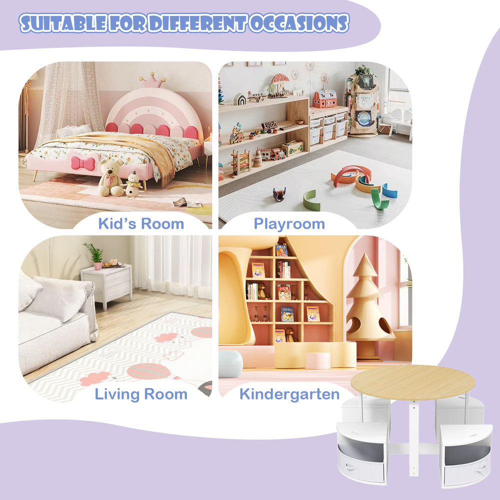 Round nesting table with 4 storage stools, made from child-safe materials, perfect for playroom or kid's activities.