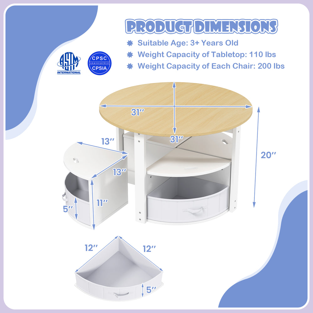 Round toddler nesting table with 4 storage stools, natural finish, ideal for art and play activities, space-saving.