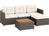 5-piece wicker conversation set with white cushions, acacia wood accents, and a coffee table for stylish outdoor.